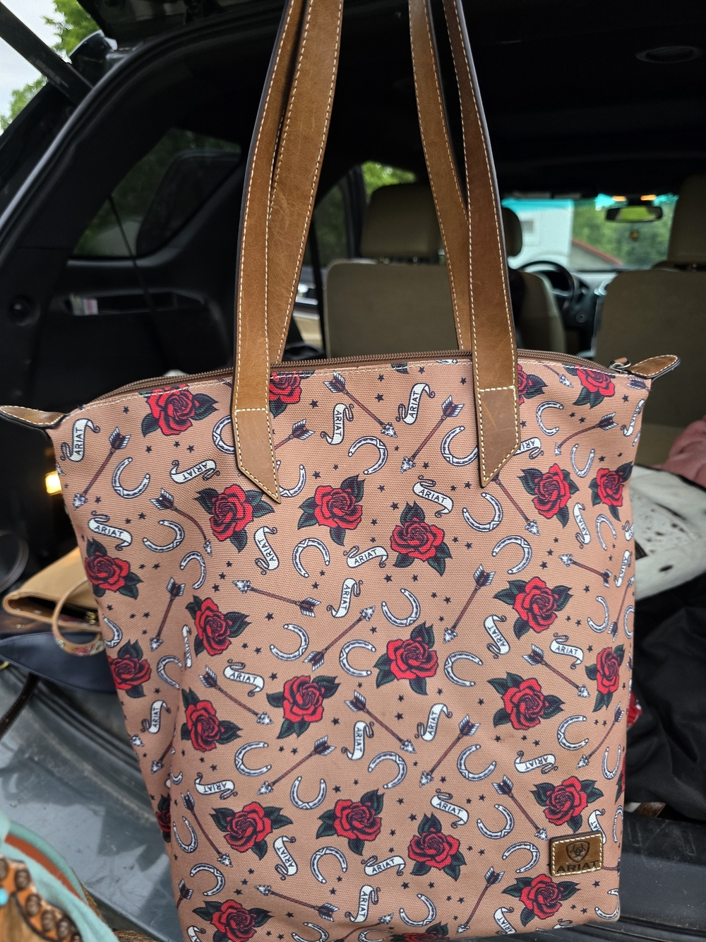 Ariat Tan Tote Bag with Red Rose Print